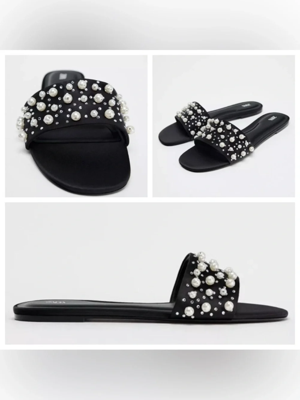 Zara Black Pearl-Embellished Slide Sandals - Picture 1 of 5